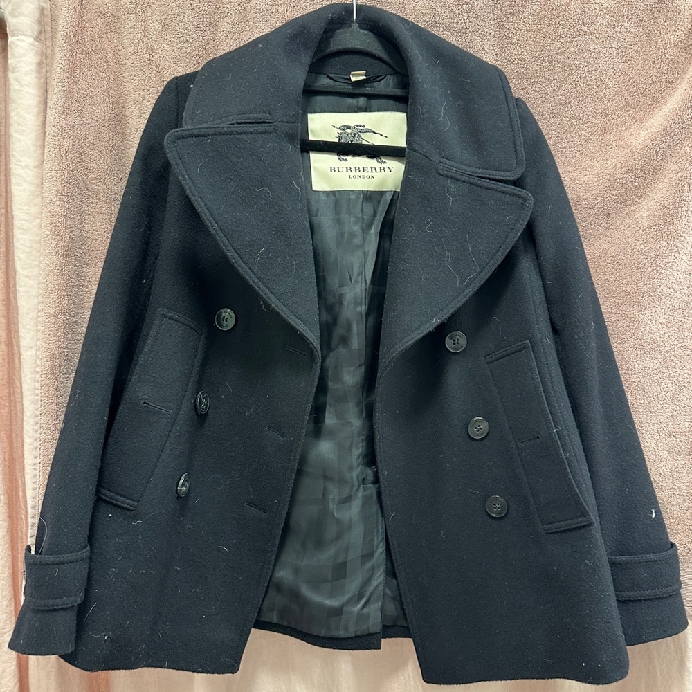 Like new Burberry Prosrum peacoat. Black wool/cashmere blend.
